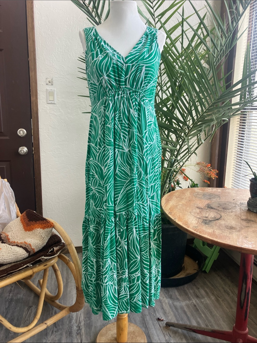 Japna Green Tropical Sleeveless Long Tiered Maxi Dress Boho Beach